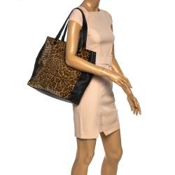 Christian Louboutin Black/Brown Leopard Print Calfhair and Leather Spike Panettone Tote