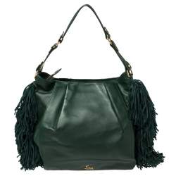 Pre Owned Christian Louboutin Green Leather and Suede Justine Fringed Hobo