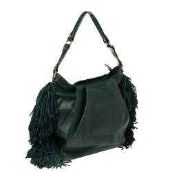 Pre Owned Christian Louboutin Green Leather and Suede Justine Fringed Hobo