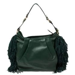 Pre Owned Christian Louboutin Green Leather and Suede Justine Fringed Hobo