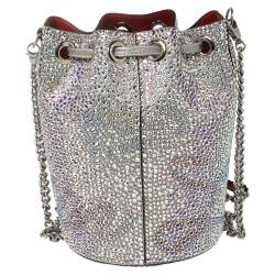Christian Louboutin Silver Crystal Embellished Leather Marie Jane Bucket Bag
