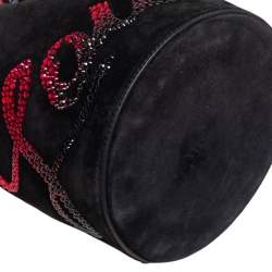 Christian Louboutin Black Suede Crystal Embellished Logo Marie Jane Bucket Bag