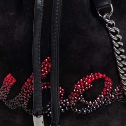Christian Louboutin Black Suede Crystal Embellished Logo Marie Jane Bucket Bag
