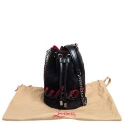Christian Louboutin Black Suede Crystal Embellished Logo Marie Jane Bucket Bag