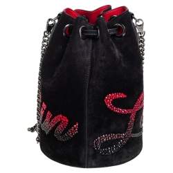 Christian Louboutin Black Suede Crystal Embellished Logo Marie Jane Bucket Bag