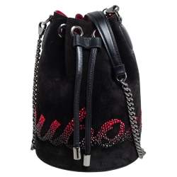 Christian Louboutin Black Suede Crystal Embellished Logo Marie Jane Bucket Bag