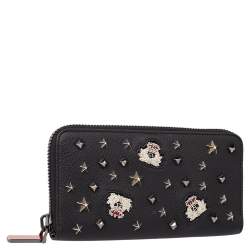 Christian Louboutin Black Leather Spike Panettone Zip Around Wallet