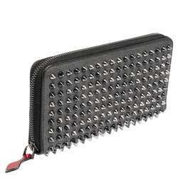 Pre Owned Christian Louboutin Grey Leather Spikes Panettone Zip Around Wallet