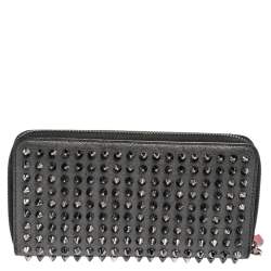 Pre Owned Christian Louboutin Grey Leather Spikes Panettone Zip Around Wallet