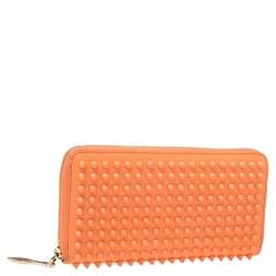 Christian Louboutin Coral Orange Leather Spikes Panettone Zip Around Wallet