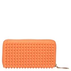 Christian Louboutin Coral Orange Leather Spikes Panettone Zip Around Wallet