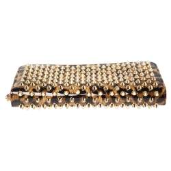 Christian Louboutin Beige/Brown Leopard Print Patent Leather Spikes Panettone Zip Around Wallet