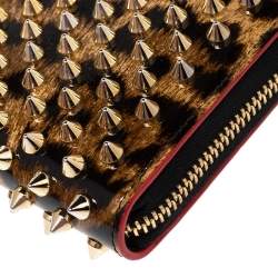 Christian Louboutin Beige/Brown Leopard Print Patent Leather Spikes Panettone Zip Around Wallet