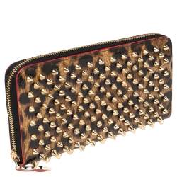 Christian Louboutin Beige/Brown Leopard Print Patent Leather Spikes Panettone Zip Around Wallet
