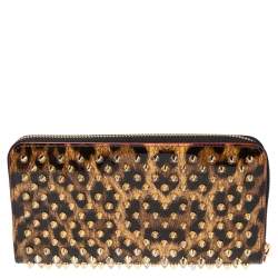 Christian Louboutin Beige/Brown Leopard Print Patent Leather Spikes Panettone Zip Around Wallet