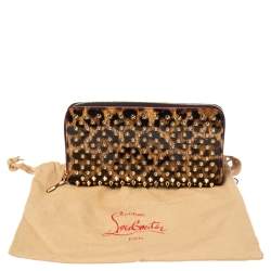 Christian Louboutin Beige/Brown Leopard Print Patent Leather Spikes Panettone Zip Around Wallet
