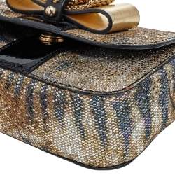Pre Owned Christian Louboutin Gold/Black Glitter and Leather Mini Spiked Sweet Charity Crossbody Bag