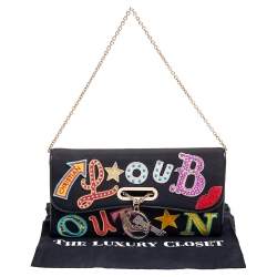 Pre Owned Christian Louboutin Black Canvas Letter Patch Riviera Chain Clutch