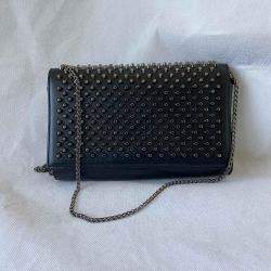 Pre Owned Christian Louboutin Black Leather Studded Small Flap Shoulder Bag