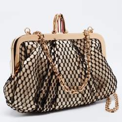 Pre Owned Christian Louboutin Black/Beige Lace and Satin Loubi Lula Chain Clutch