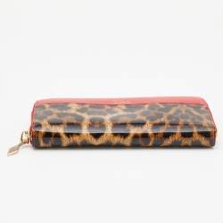 Christian Louboutin Red/Brown leather and Leopard Print Patent Leather Zip Around Wallet