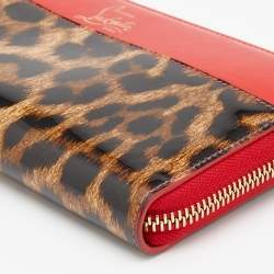 Christian Louboutin Red/Brown leather and Leopard Print Patent Leather Zip Around Wallet