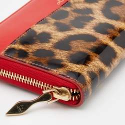 Christian Louboutin Red/Brown leather and Leopard Print Patent Leather Zip Around Wallet