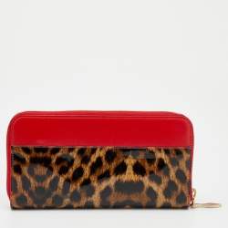 Christian Louboutin Red/Brown leather and Leopard Print Patent Leather Zip Around Wallet