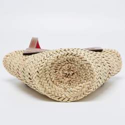 Pre Owned Christian Louboutin Brown/Cream Woven Raffia and Leather Small Loubishore Tote