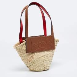 Pre Owned Christian Louboutin Brown/Cream Woven Raffia and Leather Small Loubishore Tote