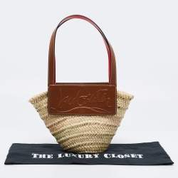 Pre Owned Christian Louboutin Brown/Cream Woven Raffia and Leather Small Loubishore Tote