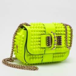 مملوكة مسبقًا Christian Louboutin Neon Yellow Leather Mini Spiked Sweet Charity Crossbody Bag