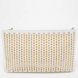 Pre Owned Christian Louboutin White/Gold Leather Spikes Loubiposh Chain Clutch