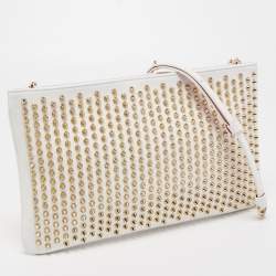 Pre Owned Christian Louboutin White/Gold Leather Spikes Loubiposh Chain Clutch