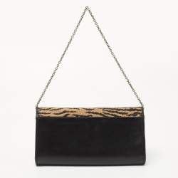 Christian Louboutin Black/Beige Tiger Print Raffia and Leather Riviera Chain Clutch