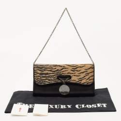 Christian Louboutin Black/Beige Tiger Print Raffia and Leather Riviera Chain Clutch