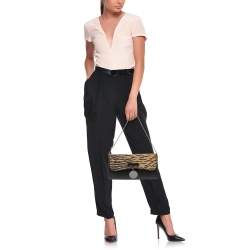 Christian Louboutin Black/Beige Tiger Print Raffia and Leather Riviera Chain Clutch