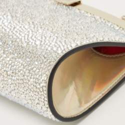 Christian Louboutin Silver Leather Small Crystal Embellished Moonlight Palmette Clutch 