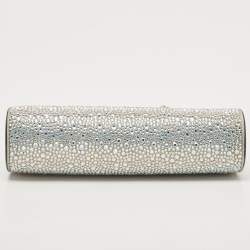 Christian Louboutin Silver Leather Small Crystal Embellished Moonlight Palmette Clutch 