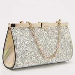 Christian Louboutin Silver Leather Small Crystal Embellished Moonlight Palmette Clutch 