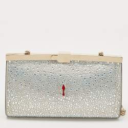 Christian Louboutin Silver Leather Small Crystal Embellished Moonlight Palmette Clutch 