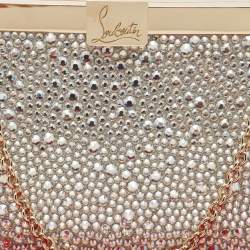 Christian Louboutin Silver Leather Small Crystal Embellished Moonlight Palmette Clutch 