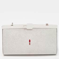 Christian Louboutin Silver Glitter Leather Palmette Chain Clutch