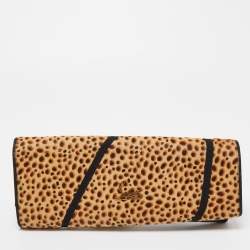Christian Louboutin Beige/Black Leopard Print Calfhir Bow Flap Clutch