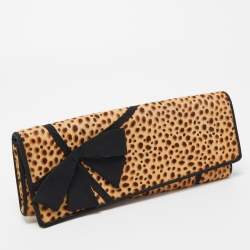 Christian Louboutin Beige/Black Leopard Print Calfhir Bow Flap Clutch