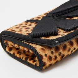 Christian Louboutin Beige/Black Leopard Print Calfhir Bow Flap Clutch