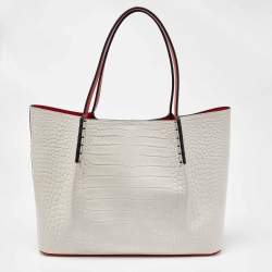 Christian Louboutin Off White Croc Embossed Leather Cabarock Shopper Tote
