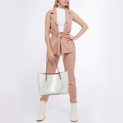 Christian Louboutin Off White Croc Embossed Leather Cabarock Shopper Tote