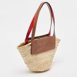 Pre Owned Christian Louboutin Brown/Cream Woven Raffia and Leather Small Loubishore Tote