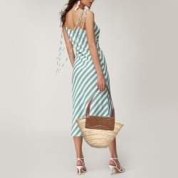 Pre Owned Christian Louboutin Brown/Cream Woven Raffia and Leather Small Loubishore Tote